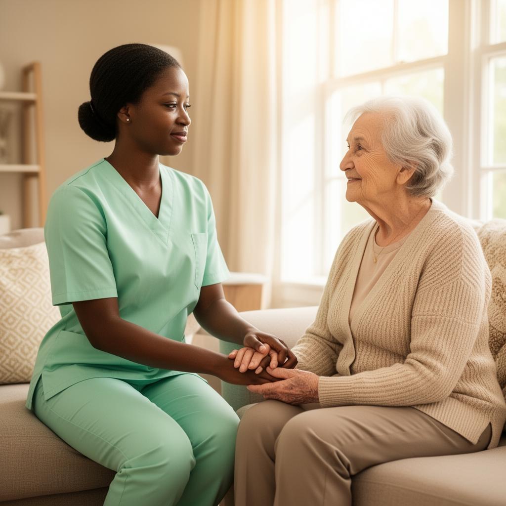 Compassionate caregiver holding hands with elderly client